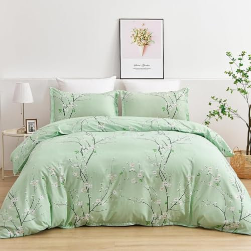 Freyamy Blumen Bettwäsche 155x220cm 2teilig Grün Salbeigrün Pflaumenblüten Zweig Bettwaren-Sets 100% Microfaser Weiche Bettwäsche Mädchen Bettbezug mit Reißverschluss und Kissenbezug 80x80cm