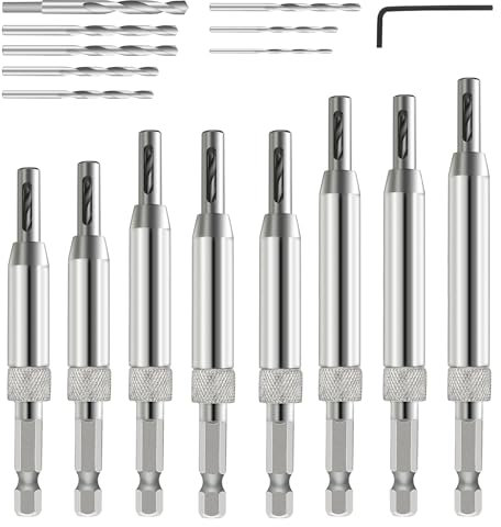 GMTOOLS 17pcs VIX Bits Self Centering Drill Bit Set, 1/4 Hex Shank Self Centering Hinge Tapper Core Drill Bit Set for Woodworking Window Door Hinge with 1 Hex Key & 8 Drill Bits 5/64-1/4”