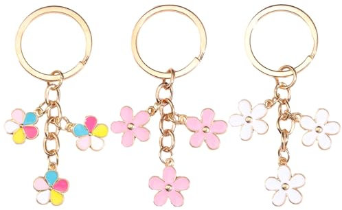 MEMOFYND 3-teiliges Set mit Blumen-Schlüsselanhängern für Damen, niedlichen Handanhängern, Blumen-Metallschnallen, geeignet für Taschenzubehör, Schlüsselanhänger (Rosa, Weiß, Farbe)