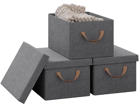 WOLTU Aufbewahrungsbox mit Deckel, 3er Set Stoffboxen, Aufbewahrungskorb mit Griffen, Aufbewahrungswürfel, faltbare Box für Kleidung Spielzeug, Klappbox Grau, 38x20x27 cm