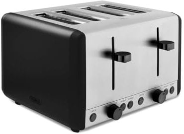 Tower T20086BLK Sera 4 Slice Toaster with 6 Browning Levels, Removable Crumb Tray, Defrost/Reheat/Cancel Functions, 1800W, Black