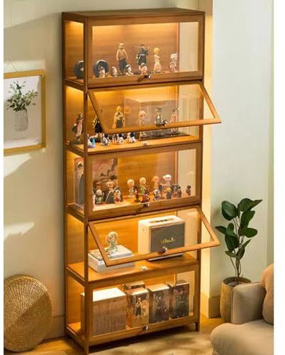 Vaian Sammlung Vitrine, natürlicher Bambus Rahmen, Acryl Sammlung Vitrine, staubdicht, passend für Haus und Büro Gebrauch (5-floors-80cm, Wood Color)