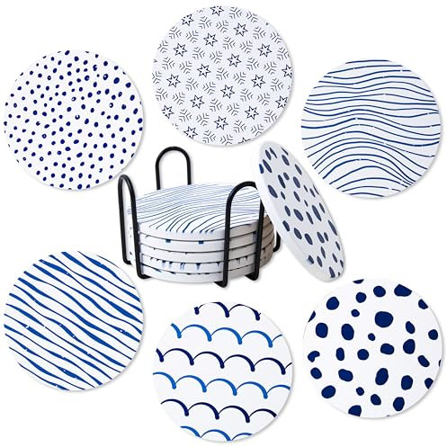 Ocves Untersetzer 6 Stück, saugfähige Keramik-Getränkeuntersetzer mit Halter, runde Untersetzer mit rutschfestem und kratzfestem Korkboden für Couchtisch, Heimdekoration, Einweihungsgeschenk (Ozean)