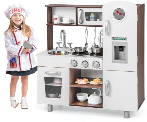 COSTWAY Cocina Juguete de Madera con Teléfono, Cocinita de Madera Infantil con Nevera, Microondas, Fregadero Desmontable, Dispensador de Agua con Luz y Sonido, Cocina Infantil para Niños (Marrón)