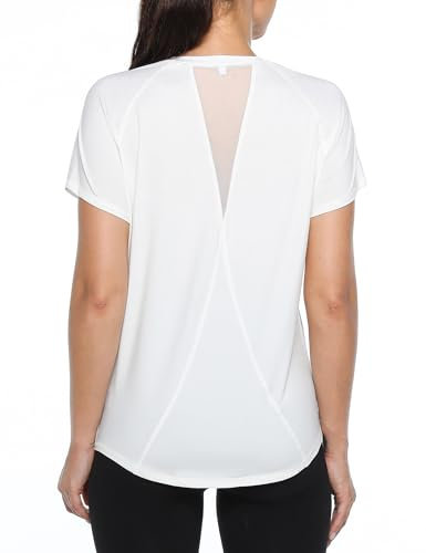 Gyabnw T-Shirt Sport pour Femme Haut de Sport Col Rond Top Dos en Maille Coupe Ample Course Yoga Léger Évacuant L'humidité,Blanc,Taille L EU