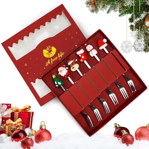 REFORUNG 6 PCS Tenedor Postre Acero Inoxidable para Navidad Tenedores de Aperitivo con Adornos Navideños Tenedor Navidad de Acero Inoxidable con Caja de Regalo para Café, Postre, Pastel, Helado