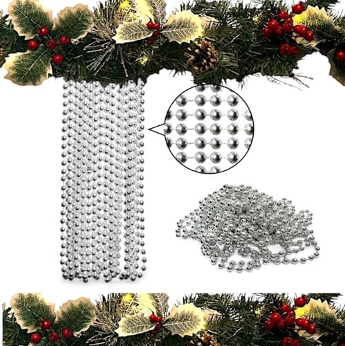 10m Weihnachten Perlengirlande, Luxus Weihnachtsbaum & Raumdekoration, 8mm Perlen, 10m Lange Christbaumschmuck Perlenkette (Silber)
