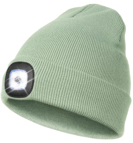 Wmcaps Mütze mit Led Licht, Wiederaufladbare USB Freisprech Stirnlampe Strickmütze Wintermütze Warme Mütze Kappe Scheinwerferkappe zum Camping Joggen Geschenke für Männer Frauen, Blassgrün
