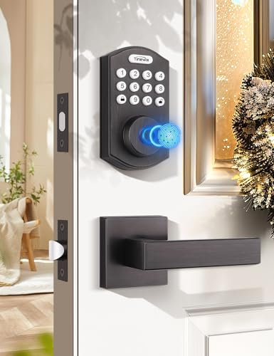 Tinewa Round Keyless Entry Door Lock with 2 Lever Handles, Fingerprint Entry Door Handleset,Keypad Deadbolt with App, Auto Lock & One Touch Locking, Front Smart Door Handle Sets, Oil Rubbed Bronze