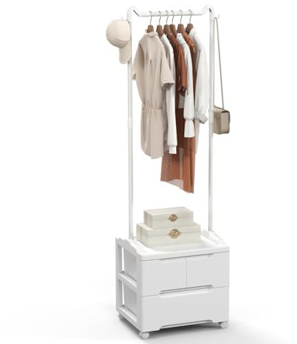 COSTWAY Kleiderständer mit 3 Schubladen, Rollbarer Garderobenständer mit seitlichen Haken und Kleiderstange, freistehender Mantelhalter weiß für Schlafzimmer, Wohnzimmer, 46 x 38 x 157 cm