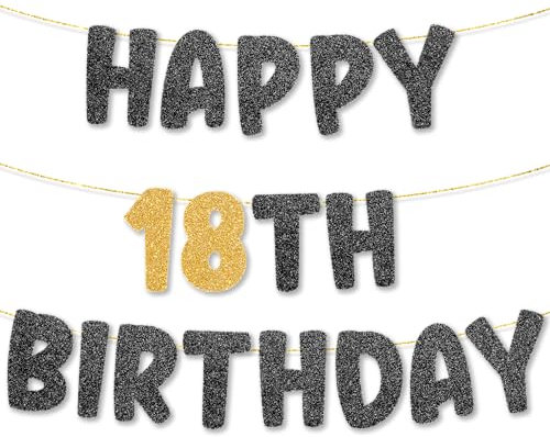 TOYVENTURES 18th Birthday Banner pre strung - NO DIY - Gold Glitter 18th Birthday Decorations for Girl & Boy, Party Banner - Party Decor Sign Funny Party Supplies, Did we mention NO DIY?