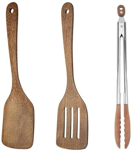 Yuiturt 3 Stück Holz Küchenhelfer Set enthält 2 Pfannenwender Holz + 1 Olivenholz Zange, 30cm Pfannenwender Holzzange Spülmaschinenfest für BBQ, Salat, Toaster Kchen Spatel