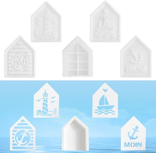 XHYASD 5 Stück Silikonformen Gießformen Häuser, 3D Mini Silikonform Haus, DIY Silikon Gießform Haus Leuchtturm, Maritim Anker, für Seife Gips Harz
