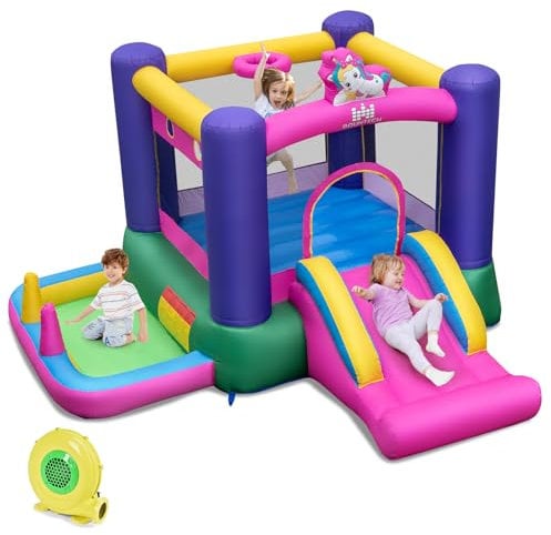 COSTWAY Kids Bouncy Castle, Inflatable Bounce House with Slide, Ball Pit, Basketball Hoop and Carry Bag, Children Blow Up Jumper for Indoor Outdoor (Unicorn with 480W Blower)