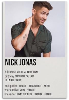WBGZWCDB Nick Jonas Poster, Vintage-Wandkunst, Leinwand, ästhetische Poster, Musik und Filme, Dekor, Gemälde für Wohnzimmer, Schlafzimmer, 20 x 30 cm, ungerahmter Stil