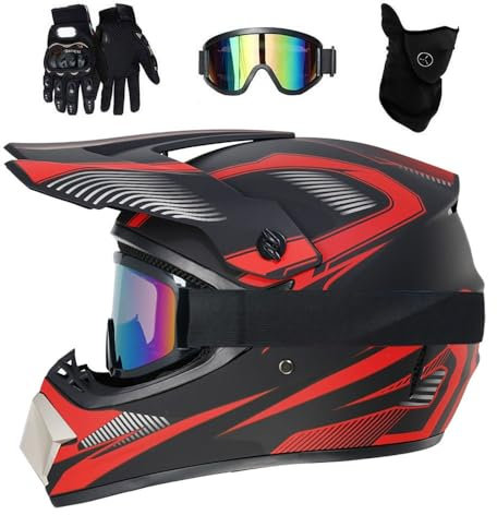 Jugend Kinder Integral Motocross Helm, mit Brille/Masken/Handschuhe, Unisex Doppelsport Offstraße Enduro Motorrad Absturz Helme, Bergab BMX MTB ATV Rennen Quad Dirtbikes Helm(Red,S/52-53CM)