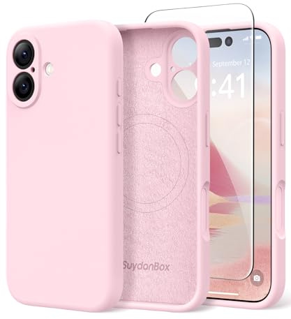 SuydanBox Magnetic for iPhone 17 Case, Compatible with MagSafe, [Full Camera Protection][Screen Protector] Silicone Shockproof Protective Phone Case for iPhone 17 6.3, Chalk Pink