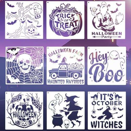 9 plantillas reutilizables de Halloween para pintar sobre madera, plástico, 7,9 x 7,9 cm, plantillas para pintar, manualidades, adornos, pared, ventana, puerta, felpudo, decoración DIY.