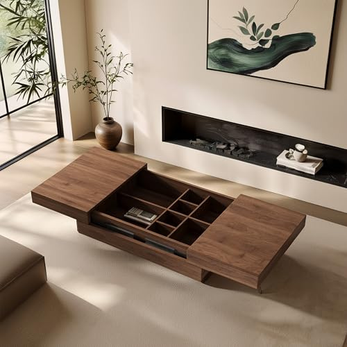 Space-Saving Extendable Coffee Table with Hidden Storage, Walnut | 120-208cm extendable surface for gatherings. Sliding hidden storage, walnut wood, 200kg. Space-saving low-profile design.