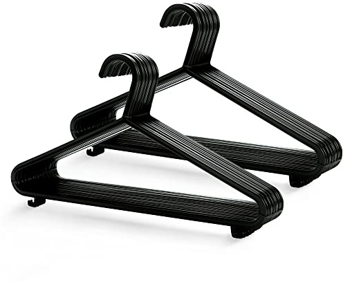 KEPLIN Adult Plastic Coat Hangers - 25 Pack, Strong Clothes Hangers for Clothes Rail & Closet, Clothing Hanger with Suit Pants Trouser Bar and Clips, Space Saving, 37.5 cm Wide (Black (Gloss)