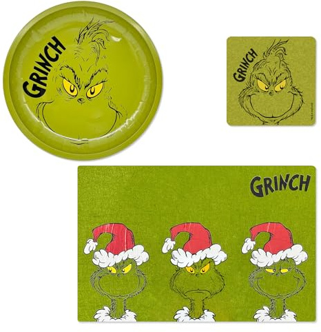 The Grinch – Weihnachts-Set 9-TLG. mit grüner Platzmatte aus Filz, kleine Filzuntersetzer für Getränke & Kekstellern 26cm Grün – Lustige Weihnachtsdeko für die Adventszeit & Weihnachten