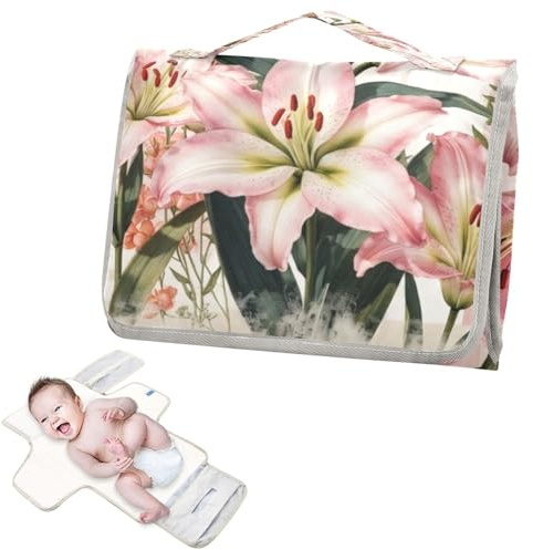 Tapis à langer réutilisable avec poche à mouchoirs, motif fleurs de lys roses, tapis à langer portable avec oreiller intégré cambiador de pa?ales para Bebes