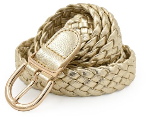 styleBREAKER Damen Flechtgürtel Schmal PU Kunstleder, 110cm,Gold Metallic