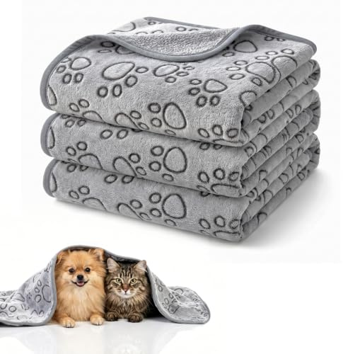HOTUT 3 Pièces Couverture pour Chien Chat, Polaire Corail Lavable Couverture Chat, Moelleux et Chaud, Réversible, avec Imprimé Patte, pour Petits Et Moyens Chiots Et Chatons, Protection Canapé