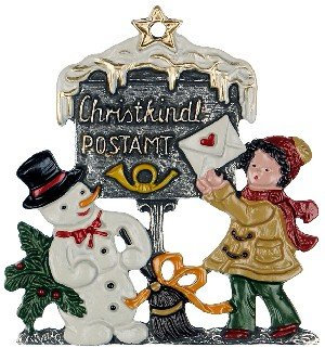 DECO DIRECT Zinnfigur Christkindl-Postamt, Hängende Dekoration, Weihnachtsornament, Rot, Grün, Silber, Gold, Zinn, Hängend, Traditional, 1 Stück, Weihnachten