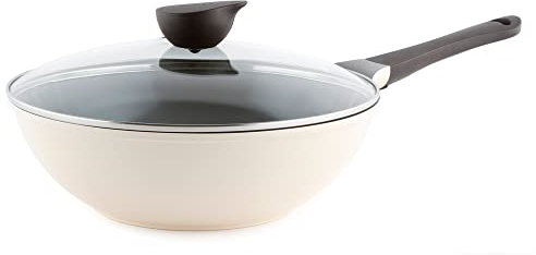 Wok (Chef's Pan) with Glass Lid - 12-inch Ceramic Nonstick in Ivory by Neoflam