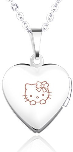 Unendlich U Hello Kitty Muster Eingraviert Öffenbares Herz Foto Medaillon Edelstahl Rosa Damen Mädchen Frauen Anhänger Halskette