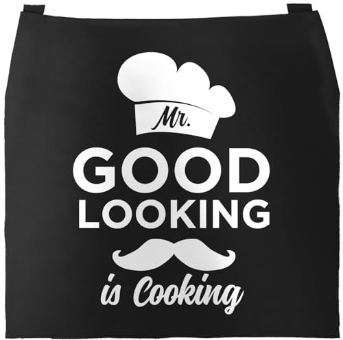 MoonWorks Herren Küchen-Schürze Grill-Schürze mit Spruch Mr Good Looking is Cooking schwarz unisize