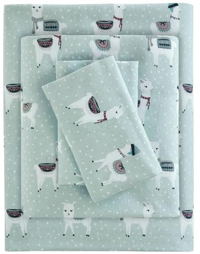 Sleep Philosophy True North Cozy Flanell-Bettwäsche-Set, warm, 100% Baumwolle, mit Tieren, Sternen, niedlich, ultraweich, für kaltes Wetter, King-Size-Bett, Meeresschaum-Lama, 4-teilig