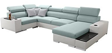 All4All Ecksofa mit Schlaffunktion Porte 358 cm x 205 cm - Wohnlandschaft U-Form - Schlafsofa mit Bettkasten - XXL Sofa - Groß - Gewebe mit Kunstleder - Rechte Seite - Mintfarbe/Weiß 26