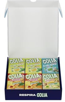 Golia Wellness Box, Confezione da 12 Pacchetti Misti di Caramelle Dure, Gusto Frutta C Agrumi, Frutta C Ginger-Lime, Erbe Limone, Erbe Eucaliptolo, Senza Zucchero, Senza Glutine, con Vitamina C