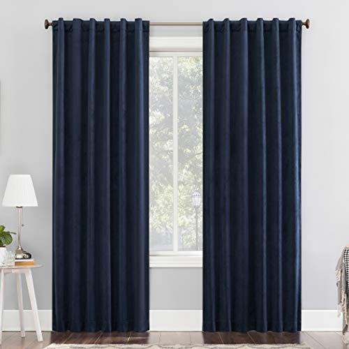 Sun Zero Hampshire Velvet Noise Reducing Thermal Extreme Total Blackout Back Tab Curtain Panel, 50 x 84, Navy Blue