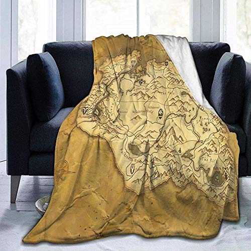 DWgatan Skyrim getragene Pergamentkarte Wurfdecke Superweiche Micro-Fleece-Decke Weiche stilvolle warme Decke Erwachsene ElternKinder auf dem Schlafsofa Geeignet 60 x 50-80 x 60
