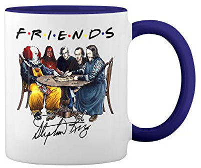 Friends horror movies by stephen king Bianco tazza di caffè con Blu Rim & Handle Mug