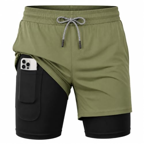 MANLUODANNI Herren Running Shorts, 2 in 1 Shorts Men Laufshorts Fitness Sporthose Kurz Jogginghose Schnelltrocknende Laufhose mit Taschen Reißverschlussfach Armeegrün 2XL
