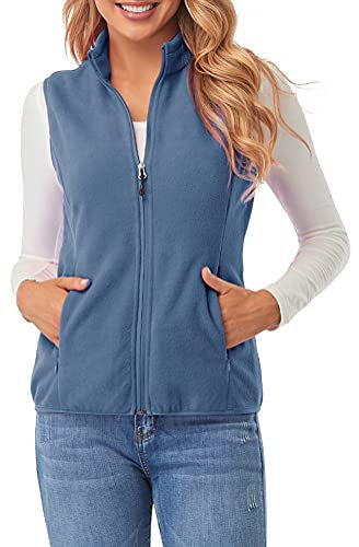 fuinloth Fleece Weste für Damen, Leicht Ärmellose Standkragen mit Reißverschlusstaschen Aschenblau X-Large