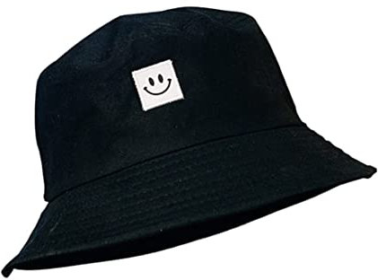 Bessy shop Fischerhüte,Bucket Hat Baumwolle Unisex Faltbar Anglerhut Smileygesicht Fischerhut Mode Draussen Baumwolle Bucket Hat zum Wandern Camping Reisen Angeln Schwarz 58-60cm