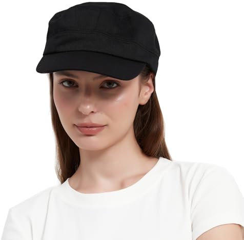 LERTREEUK Damen Herren Baumwolle Klassische Armee Kappen Militärmützen Baseballmütze Flat Top Kopfbedeckung verstellbar (56-60 cm) (Schwarz)