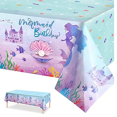 POPOYU Mermaid Party Tablecloth, 130x220cm Rectangular, Plastic, High Glossy, Modern, Mermaid, Festive, Birthday, 107.9 x 53.9 inch, Under the Sea