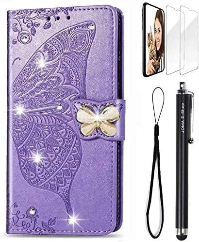 JOMA-E Shop For iPhone 14 (6.1) Case 3D Glitter Bling Sparkly Gems Butterfly Flip Case Stand PU Leather Wallet Phone Case Card Slots Magnetic TPU Shockproof Screen Protector (Light Purple, iPhone 14)