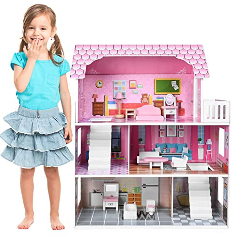 UISEBRT Maison de Poupée Bois 3 Étages, avec Meubles et Accessoires, Ensemble de Jeu de poupée, Cadeau Dès 3 Ans, Type A