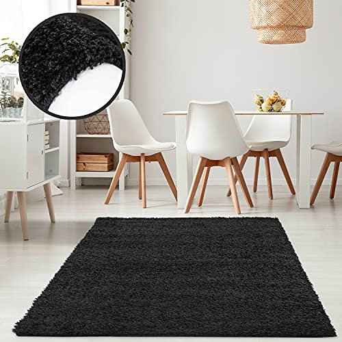 payé Teppich Wohnzimmer Hochflor Schwarz - 230x320cm - Weich Langflor Shaggy Schlafzimmer Bettvorleger Kinderzimmer - Dekoration