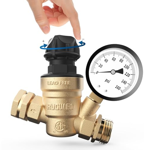 RVGUARD RV Water Pressure Regulator Valve With An Adjustable Knob, Tool-Free, CSA Approved, Lead-Free Brass Water Pressure Reducer with Gauge and Inlet Screen Filter for RV Camper Travel Trailer