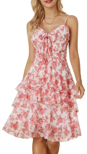 GRACE KARIN Robe Fleurie au Genou Robe à Bretelles avec Nœud Papillon à Nouer sur Le Corsage Robe Été Femme Robe à Trois Couches XL Rose