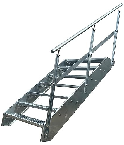 Kaminbau Mierzwa Premium Stahl Treppe Geländer Rechts Verzinkt 7 Stufen (Breite 1000 mm) (Höhe 133 cm) Wetterfest Gitterroststufe Gartentreppe