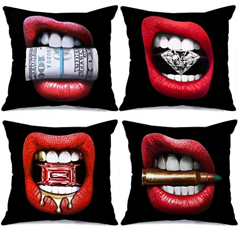 Tucocoo Modische dekorative Kissenbezüge, 45,7 x 45,7 cm, 4 Stück, Frauen, sexy rote Lippen mit Diamant-Dollar-Geld-Wurf-Kissenbezüge, modern, quadratisch, für Sofa, Couch, Auto, Bett, Heimdekoration
